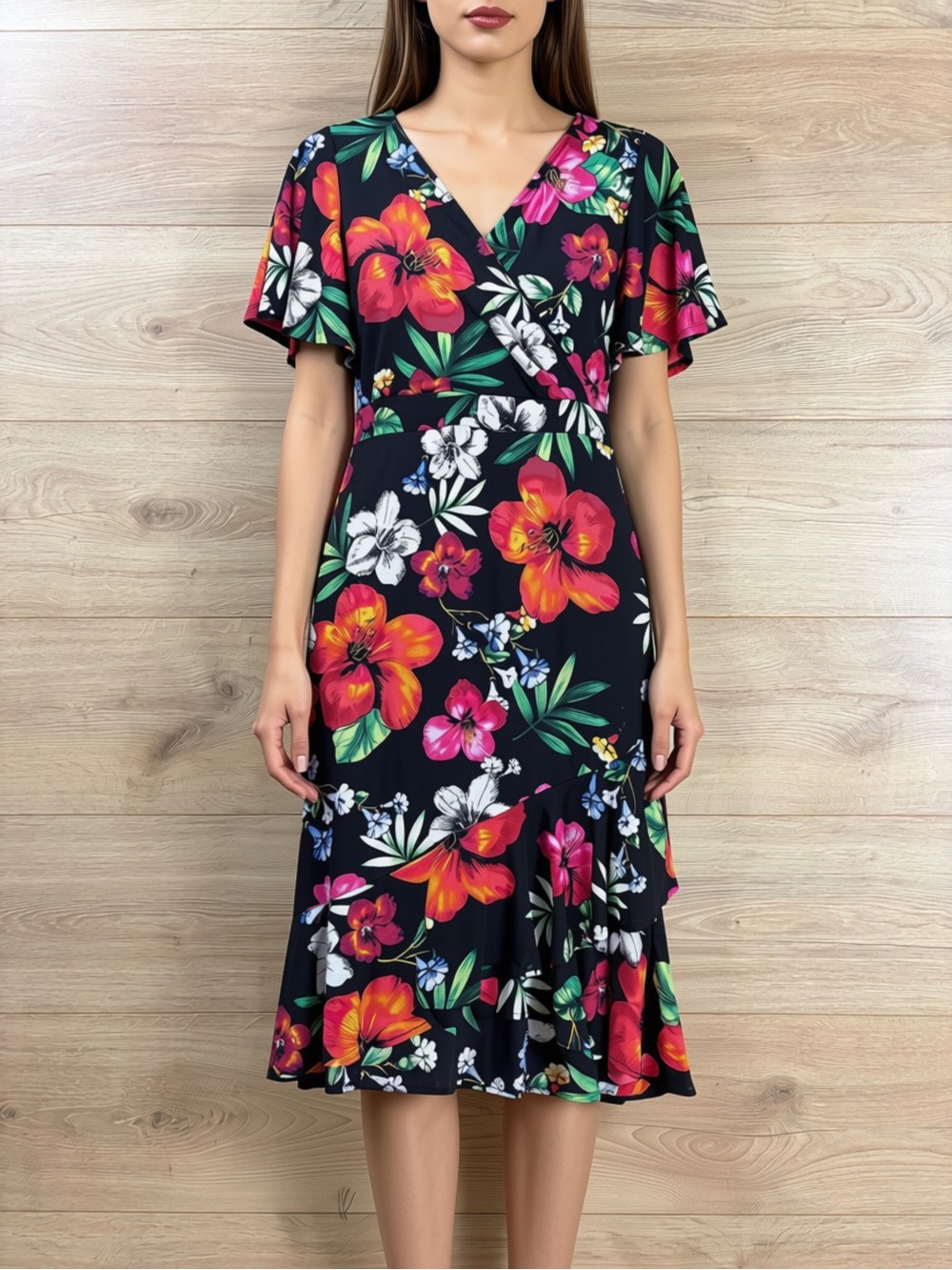 Thalia Sodi Floral Faux Wrap Midi Dress -Flutter Sleeve NWT Small